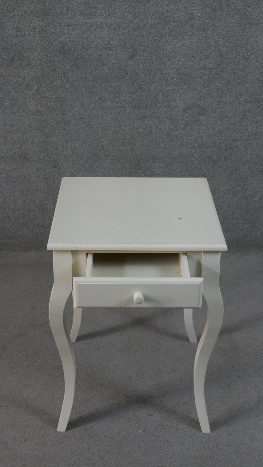 A pair of French style painted bedside tables, with a square top over a single drawer on cabriole - Image 8 of 9