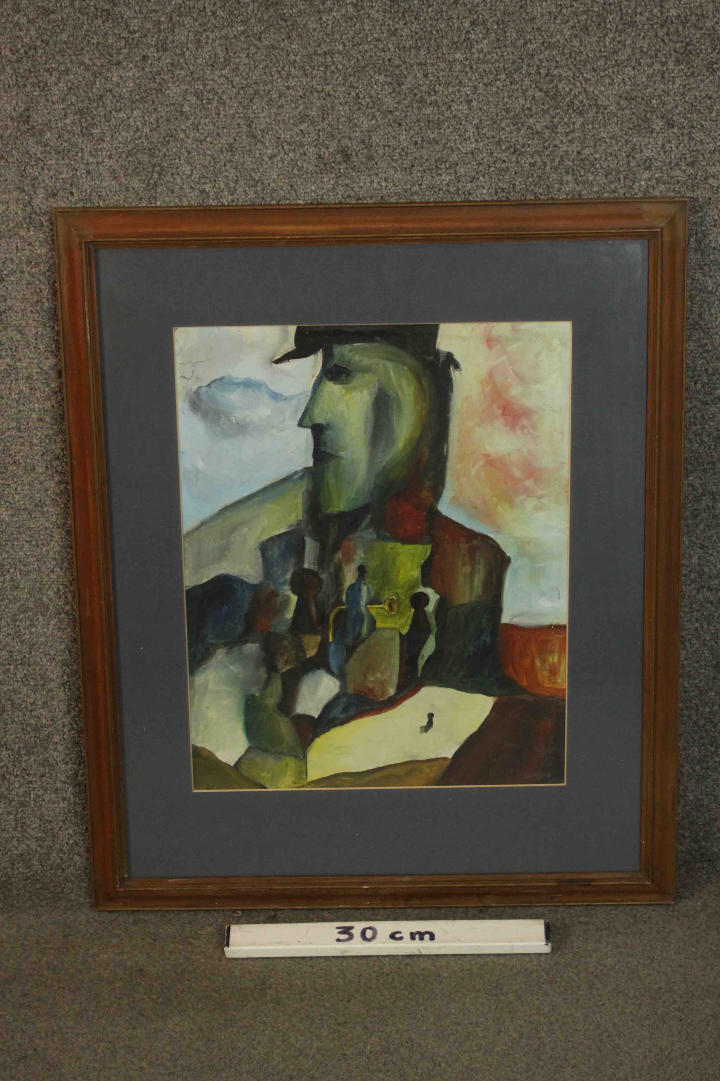 A framed and glazed surrealist figural oil on board, unsigned. H.67 W.55cm. - Image 3 of 7