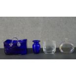 A collection of art glass, including a Bristol blue glass vase, an iridescent perfume bottle and a