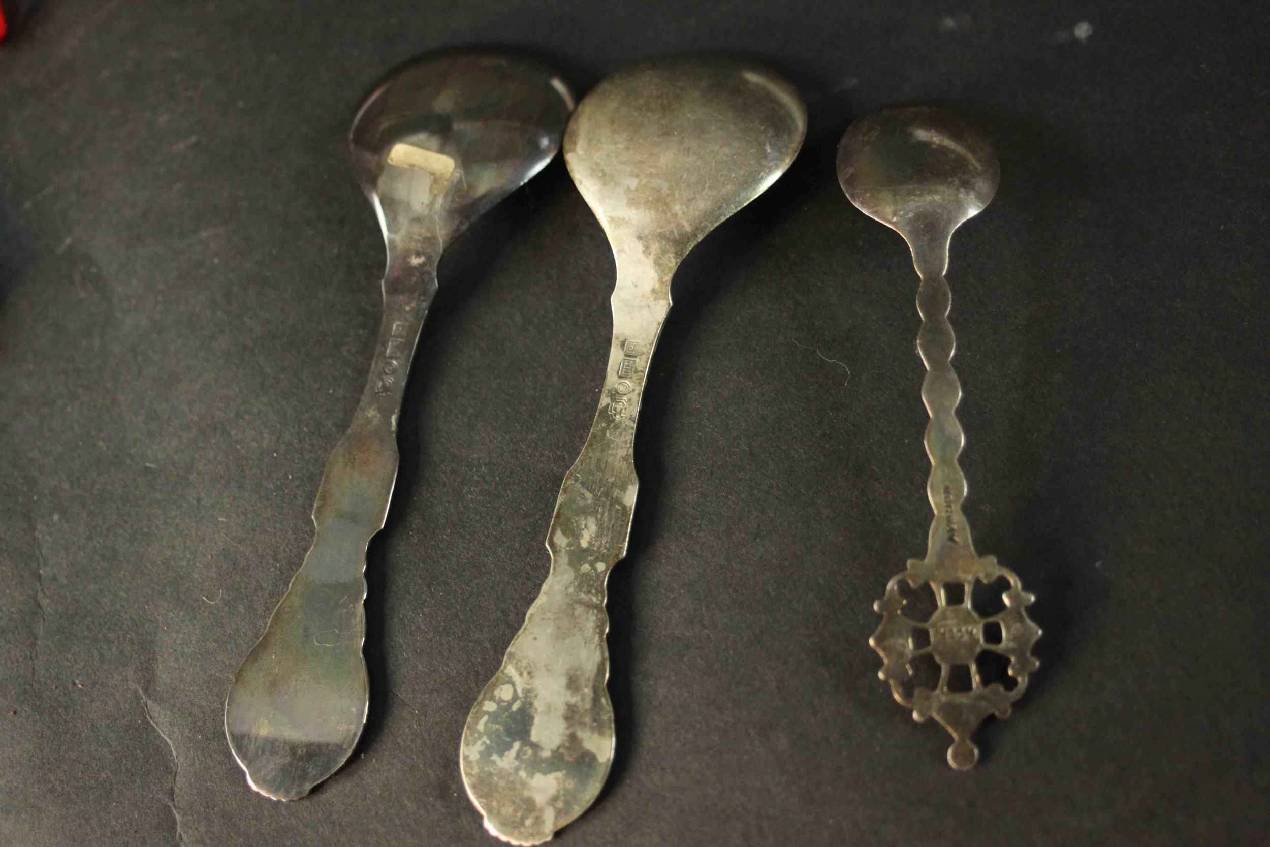 Three Norwegian silver spoons. One in box with sailing ship design. Stamped 800 with makers marks. - Image 7 of 16