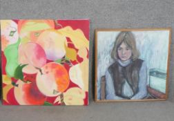 An unframed oil on canvas of fruit, signed Mary Ruggeri verso along with an oil on board of a