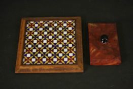 A framed 19th century gold, blue, red and white geometric glass mosaic along with a 19th century red