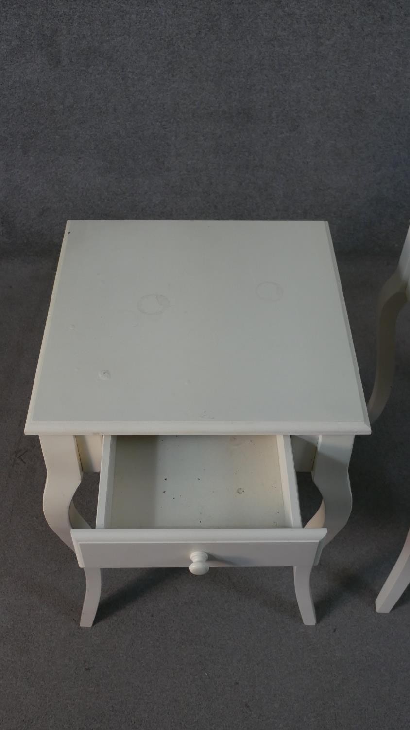 A pair of French style painted bedside tables, with a square top over a single drawer on cabriole - Image 5 of 9