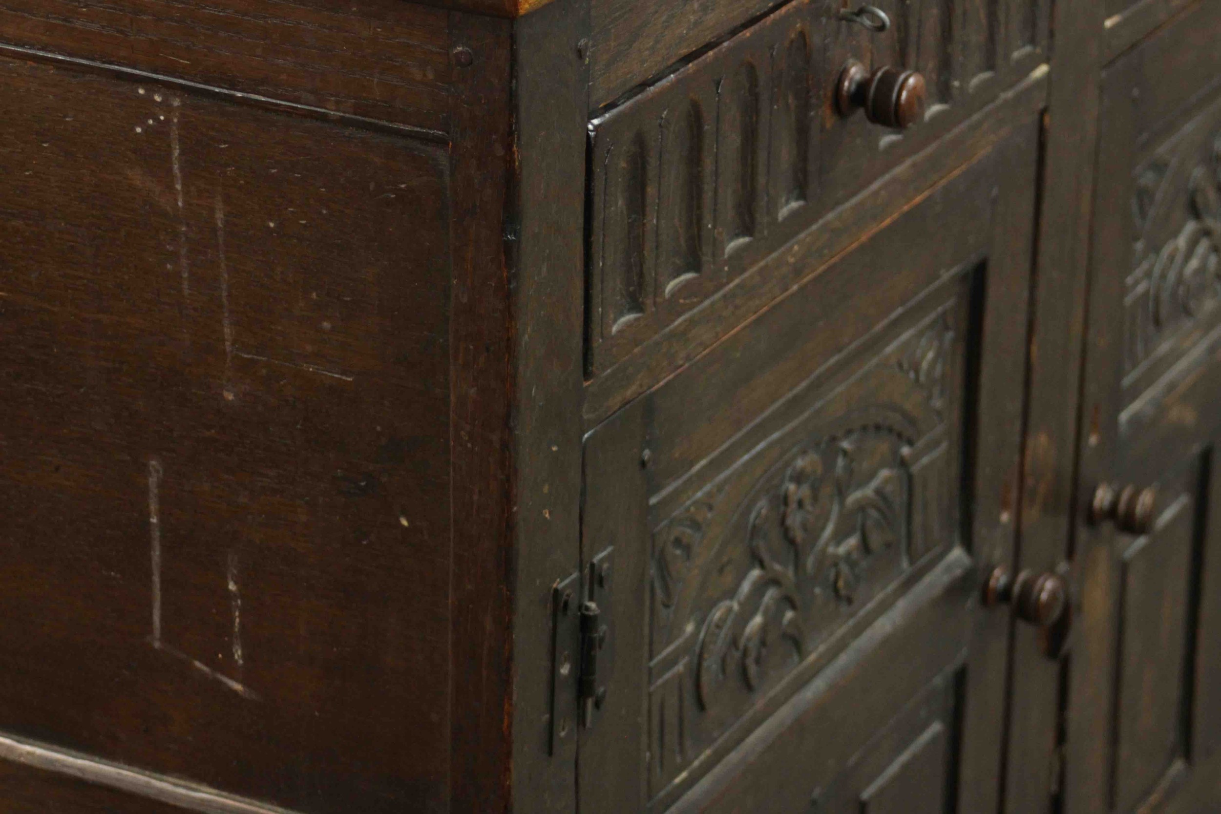 A country antique oak style sideboard fitted with carved drawers and drawers on block supports. H.91 - Image 11 of 11