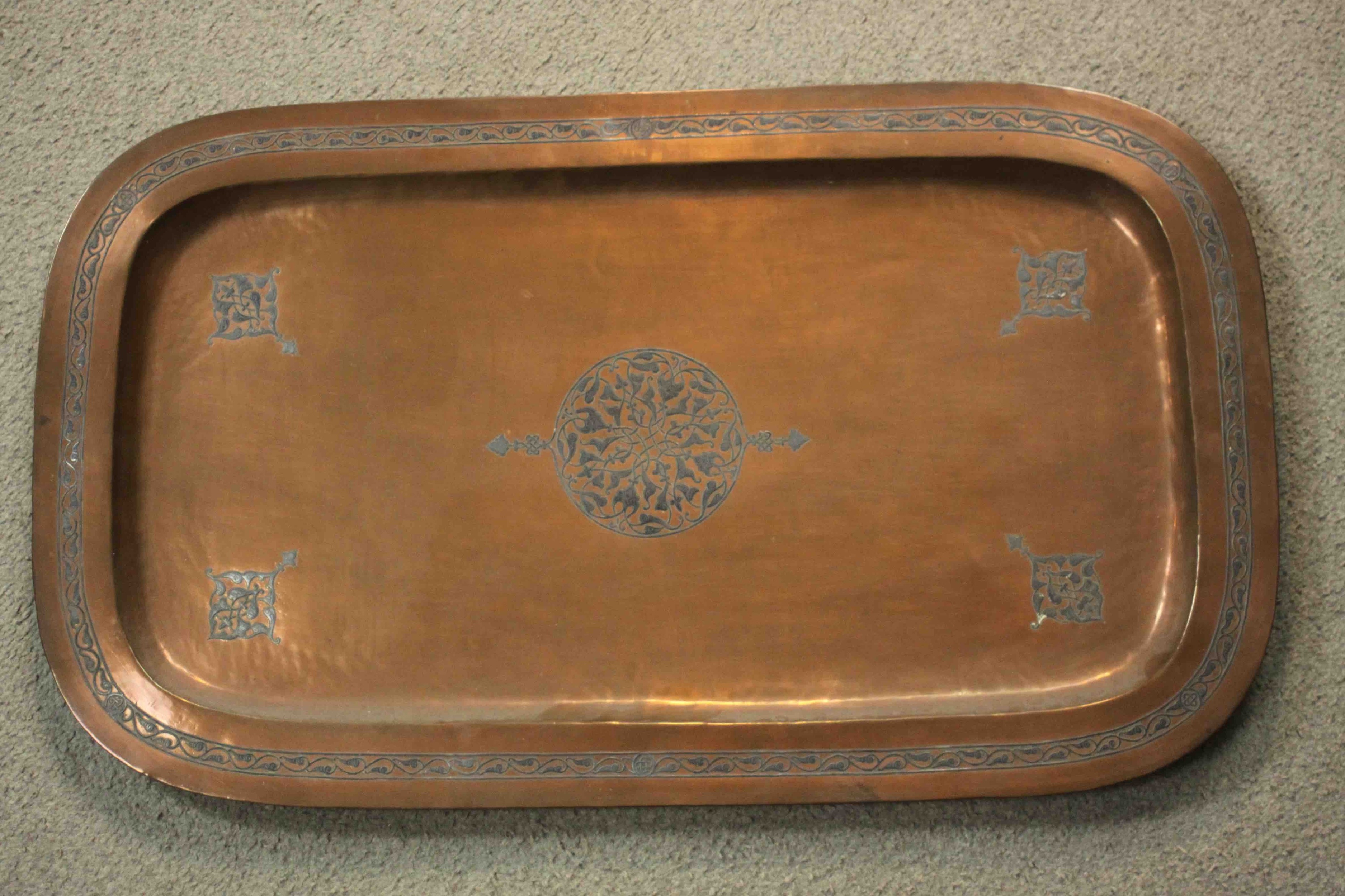 A collection of four 19th century Oriental brass and copper trays. Three circular trays - Image 5 of 10