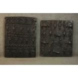 Two early 20th century African tribal carved panels depicting animals and figures. H.70 W.50cm.(