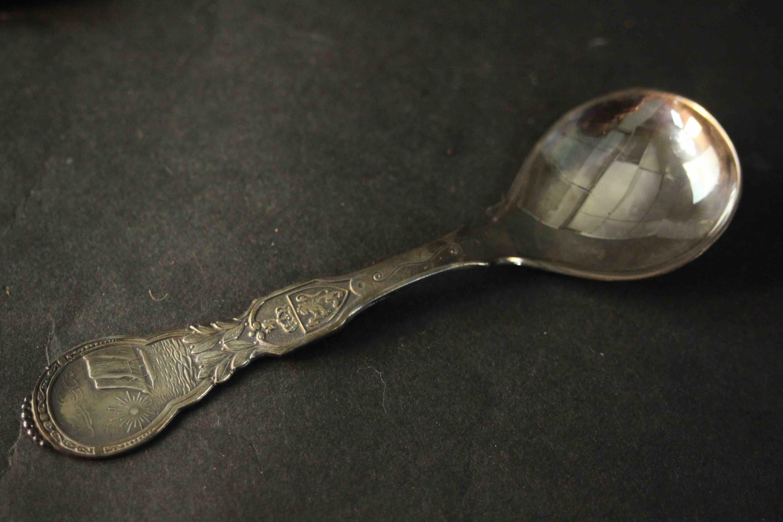 Three Norwegian silver spoons. One in box with sailing ship design. Stamped 800 with makers marks. - Image 6 of 16
