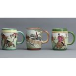 Three Denby Glynn Colledge art pottery tankards decorated with scenes of horses. 11 cm.