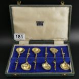 A stylish set of six boxed cast Sterling silver teaspoons, London 1965, 141 grams. 97 mm long. UK