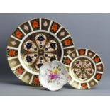 Two Royal Crown Derby 1128 Imari porcelain plates and a Derby posies pin dish. UK Postage £16.