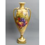 Royal Worcester hand painted soft fruit design porcelain vase, signed Ricketts, shape 1957, circa