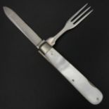 J Deakin and Sons Victorian mother of pearl handled folding travel knife and fork, 82 mm closed