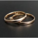 Two 9ct red gold wedding rings, 2.8 grams. Size L & O. UK Postage £12.