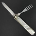 Victorian J Dean and Sons mother of pearl handled folding travel knife and fork. 80 mm closed 142 mm