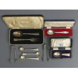Cased silver Christening set, George VI Coronation spoon, various Georgian salt spoons and other