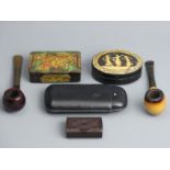 Leather cigar case, Meerschaum pipe, Briar pipe, Victorian papier-mache snuff box and an Art Deco