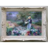 Large ornately framed oil on canvas of a girl picking flowers, signed Richard Moore. 110 x 81 cm.