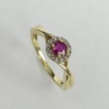 9ct gold Ruby and Diamond cluster ring, 2.5 grams. Size N, 6.9 mm wide. UK Postage £12.