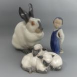 Royal Copenhagen 15.5 cm Rabbit 4676, a Sheep 2769 and a Boy 3250. UK Postage £16.