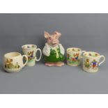 Childrens Ridgway Jolly Jinks pottery cups, a Beswick Bambi example and a Wade 16 cm pig.