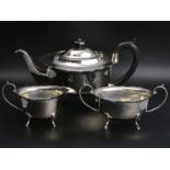 Geoerge V silver three piece teaset, Birmingham 1935, 886 grams. Teapot 28 x 15 cm. UK Postage £16.