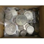 A box of coins including a Cartwheel penny, some continental coins and two Crowns 1935 and 1937.