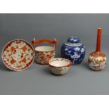 Meiji period Kutani porcelain bottle vase, pail design planter, bowl and saucer dish along with a
