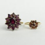 Two 9ct gold Garnet cluster rings, 7 grams. Size N & P. UK Postage £12.