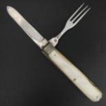 J Deakin and Sons Victorian mother of pearl handled silver folding travel knife and fork,