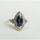 18ct Sapphire & Diamond ring, 3.3 grams. Size L, 15.1 mm top. UK Postage £12.