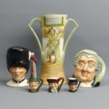 Five Royal Doulton character jugs and a Royal Doulton Series Ware 19.5 cm vase. UK Postage £16.