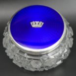 George V silver and blue enamel large glass powder bowl, Birmingham 1935, 14 cm x 9 cm