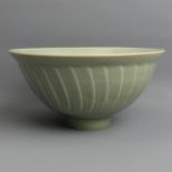 David Leach studio pottery celadon glazed bowl of wrythen form. DL Seal. 22 x 11 cm. UK Postage £15.