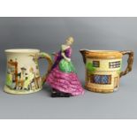 Art Deco Sylvac pottery jug, Crown Devon Fieldings tankard and a Tuscan China 16 cm figure Slumber