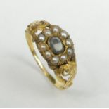 19th century gold and seed pearl mourning ring, 2.1 grams. Size R, 9 mm wide. UK Postage £12.