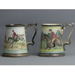 Two Denby Glynn Colledge tankards decorated with scenes of horses. 14 cm. UK Postage £15.