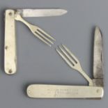 Two Victorian folding travel knife and fork sets, one advertising Nixey's black lead. Largest 17