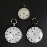 Three silver pocket watches one with a fusee movement, London 1873. Largest 46 mm in diameter. UK