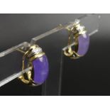 A pair of 14ct gold purple Jade and Diamond earrings, 5.6 grams. 19 x 7 mm. UK Postage £12.