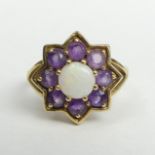 9ct gold Opal and Amethyst ring, 3.6 grams. Size N, 15.5 mm wide. UK Postage £12.
