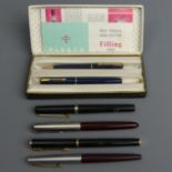 Boxed Parker 17 pen and pencil, Parker 51, Waterman and Shaeffer and one other. UK Postage £12.