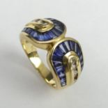 18ct gold Sapphire and Diamond ring, 7.4 grams. Size N, 11 mm wide. UK Postage £12.