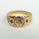 9ct gold Ruby and Diamond ring, Chester 1895, 2.1 grams. Size P 1/2, 8.1 mm wide. UK Postage £12.