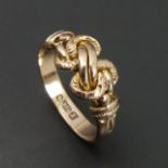 9 carat rose gold knot ring, Chester 1908, 3 grams. Size N, 8.6 mm wide. UK Postage £12.