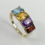 9 carat gold Garnet, Amethyst, Citrine and Topaz ring, 3.5 grams. Size S 1/2, 8 mm wide. UK