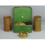 Two ornately decorated Trench Art vases, an ashtray and a Primus stove. Vases 15cm. UK Postage £16.