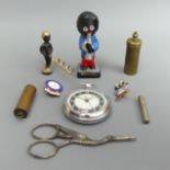 Ingersol pocket watch, novelty sewing scissors, corkscrew and other items of interest. UK Postage £