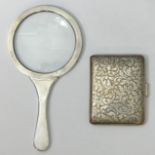 Silver magnifying glass, Chester 1914 and a .835 silver cigarette case (84 grams). Magnifying