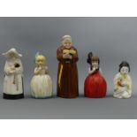 Five Royal Worcester porcelain candle snuffers, a Monk, a Nun, an Oriental lady and two Hush