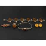 Sterling silver and Amber bangle, earrings, ring, brooch and bracelet. UK Postage £12.